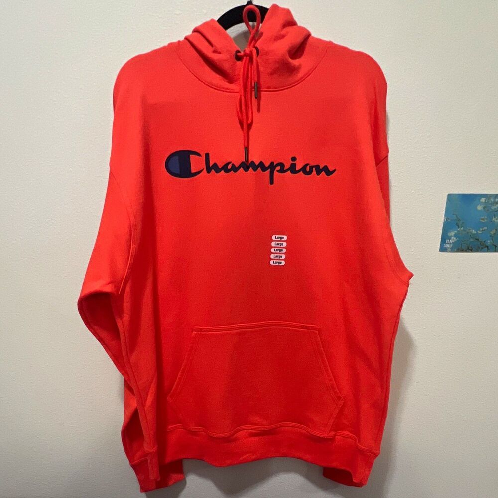 Champion Authentic Athleticwear Fleece Pullover Hoodie Logo Pockets L Orange